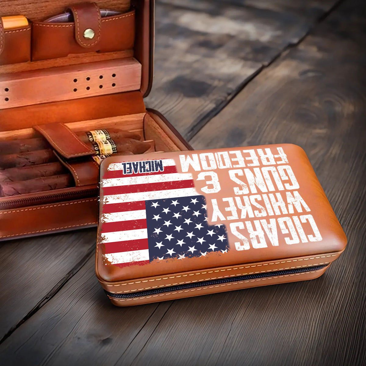 Cigars, Whiskey, G*ns & Freedom - Personalized Whisky Travel Cigar Humidor Case