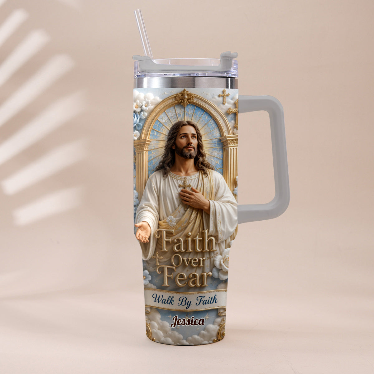 Faith Over Fear - Personalized Christian Tumbler With Plush Charm