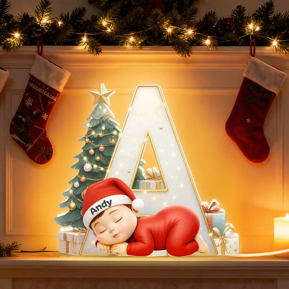 Acrylic Ornament with Sleeping Baby & Initial Letter, Christmas Tree Scene, heartwarming decor, a unique gift for New Parents