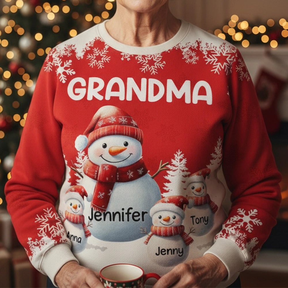 Snowman Family Sweatshirt, Personalized All-Over Print for Grandma, Festive Red, Snowy Forest vibe, a unique Christmas gift