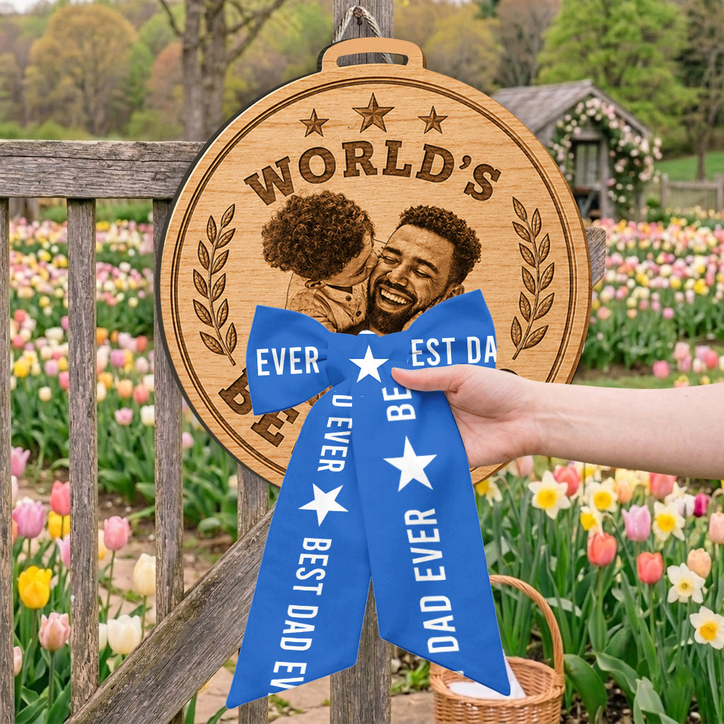 Giant Medal Funny World's Best Dad Custom Photo - Personalized Father Shaped Wood Sign With Sash