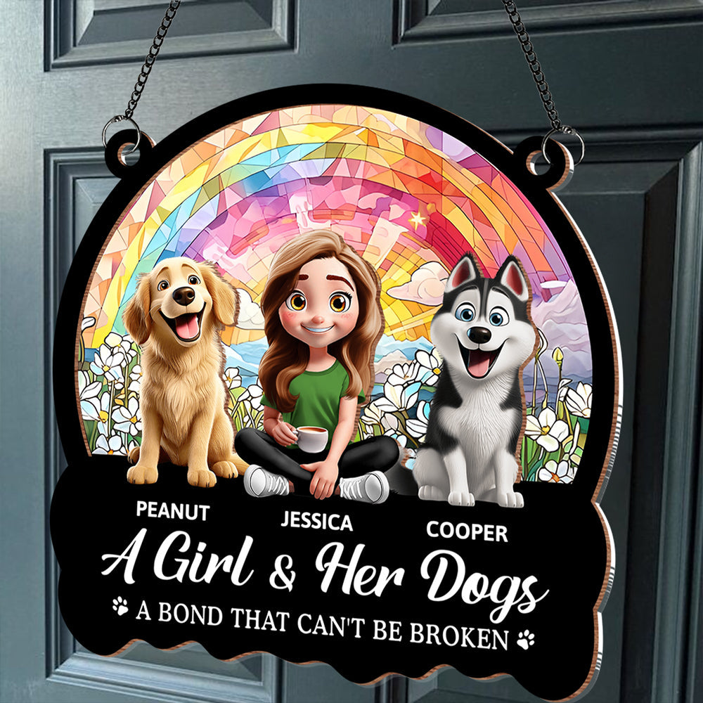 Personalized Wood and Acrylic Layered Ornament – ‘A Girl & Her Dogs’ Design, Vibrant Rainbow and Floral Background, Perfect Gift for Dog Lovers