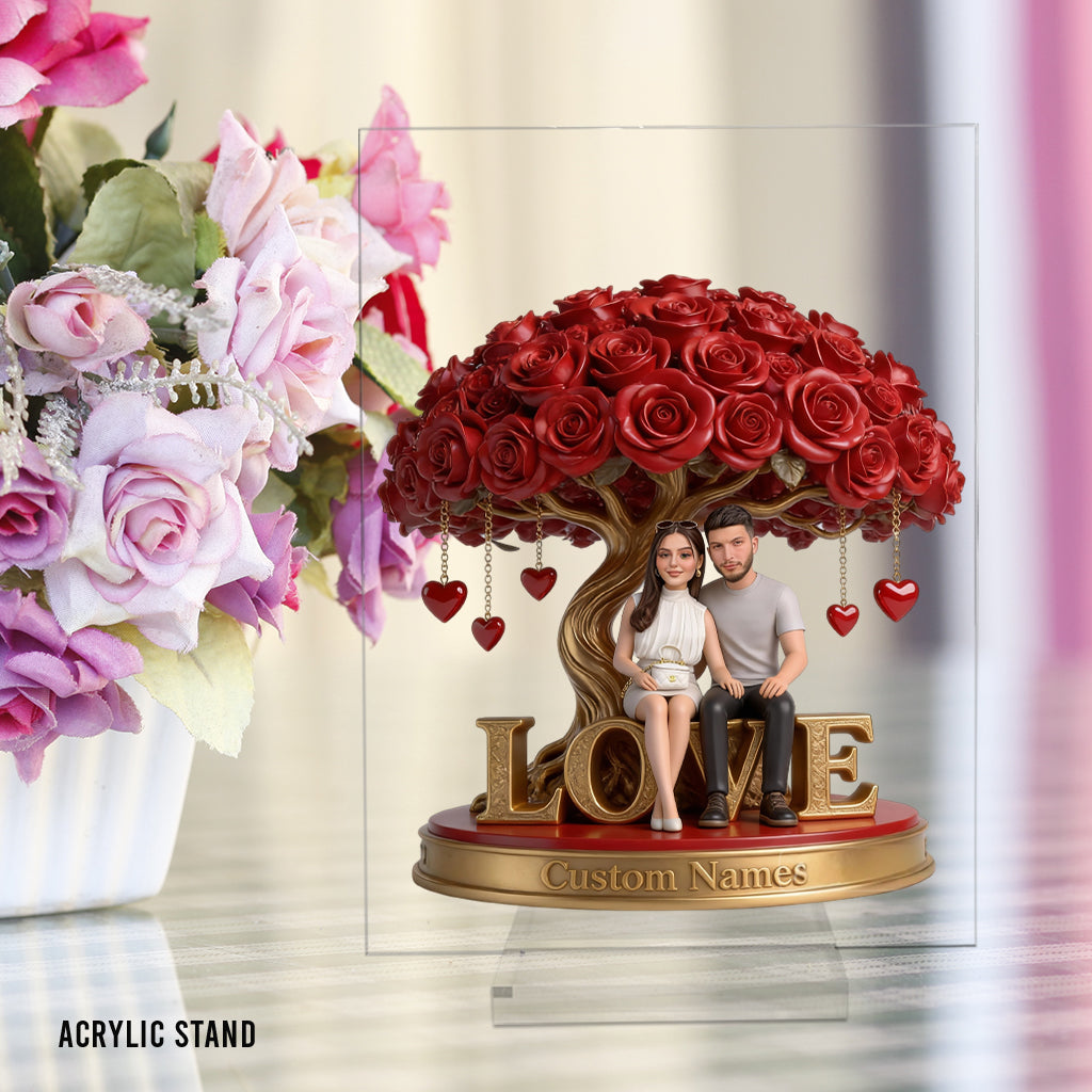 Custom Latin Couple Figurine Under Red Rose Tree, Engraved Name Statue, Romantic Anniversary & Wedding Gift Home Decor Keepsake