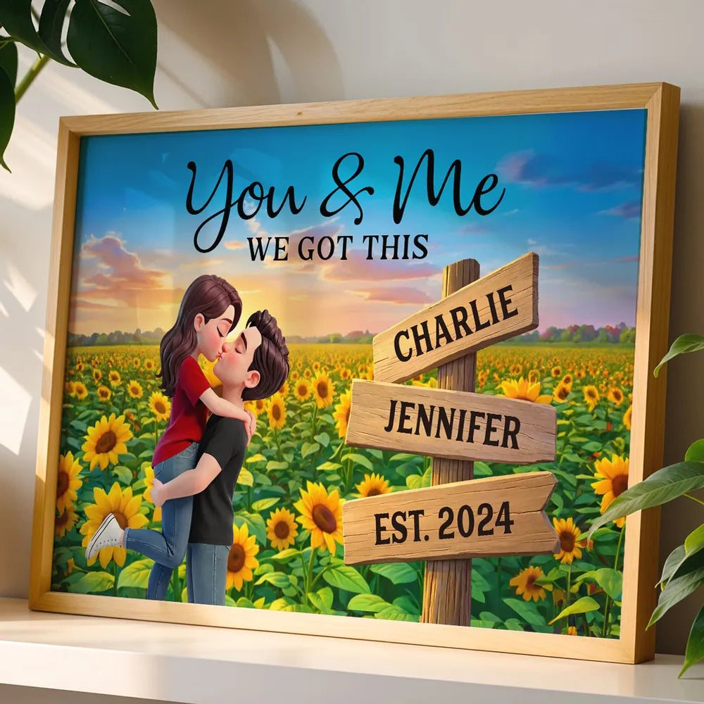 Romantic Personalized Poster for Couples, Hugging Kiss at Sunset Sunflower Field, Sweet Wall Art Gift for Her or Him
