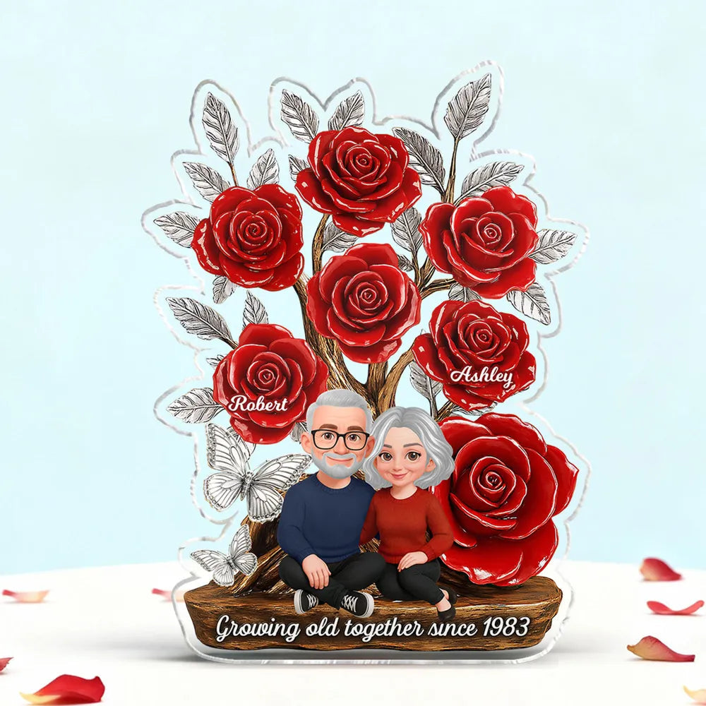Personalized Shaped Acrylic Block Plaque with Red Rose Tree Couple Sitting Together, Unique Romantic Gift