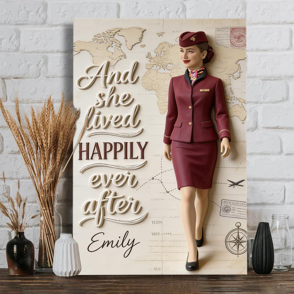 And She Lived Happily Ever After - Personalized Flight Attendant Canvas And Poster
