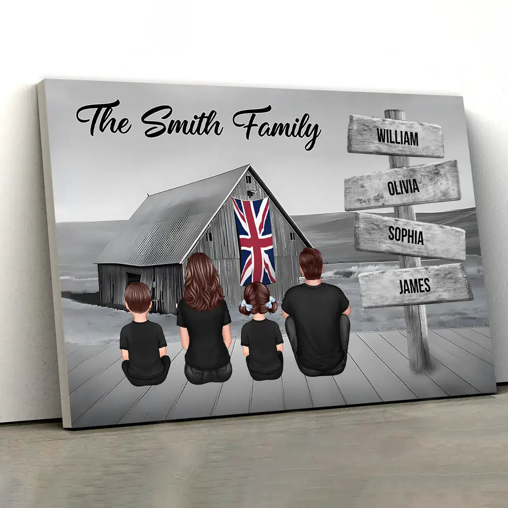 Names on Signpost Family Canvas – Sitting Together Poster with Barn Background – Gift For Family, Dad, Mom