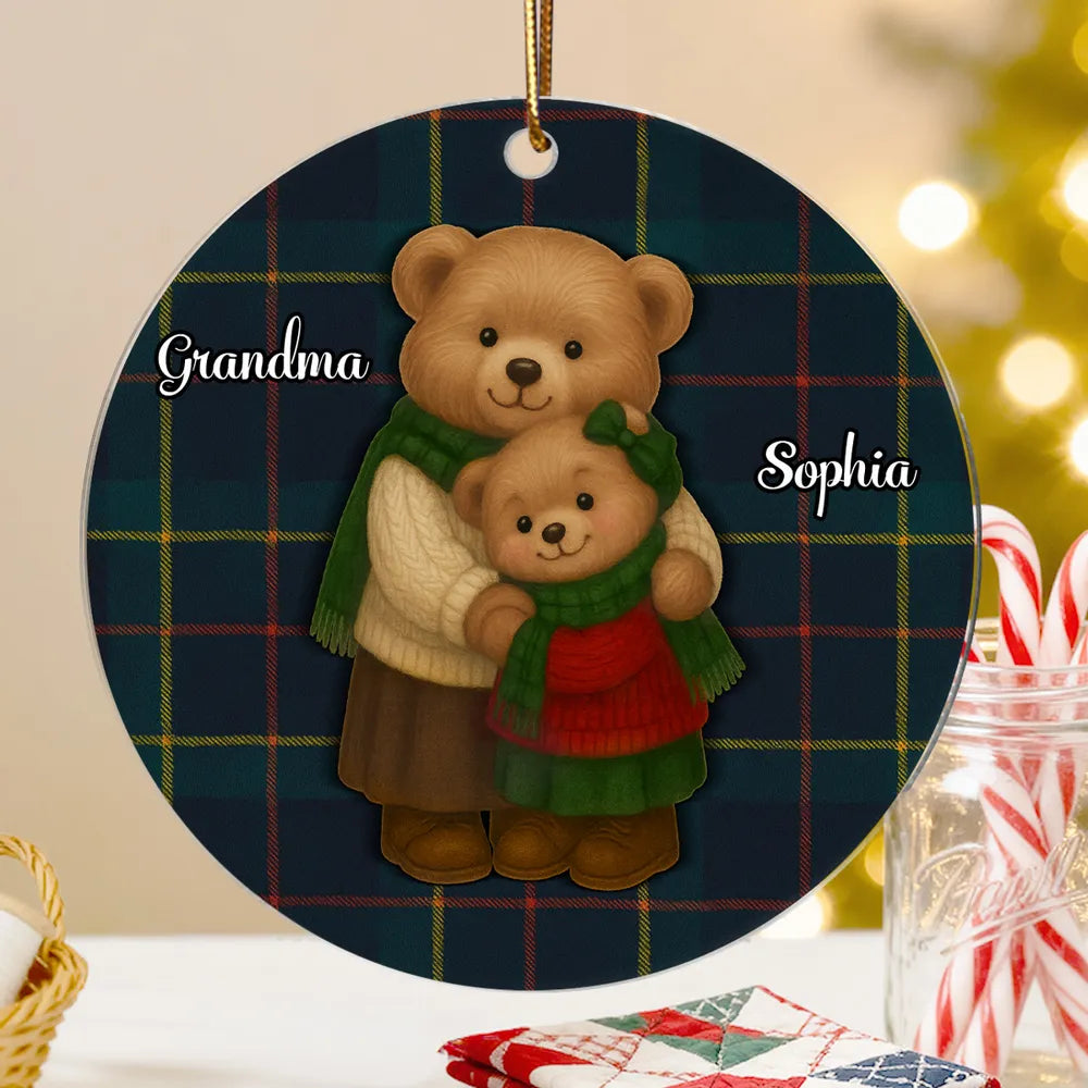 Personalized Acrylic Ornament for Grandma & Grandkids – Cozy Teddy Bear Hug, Plaid Christmas Decor, Unique Heartwarming Gift