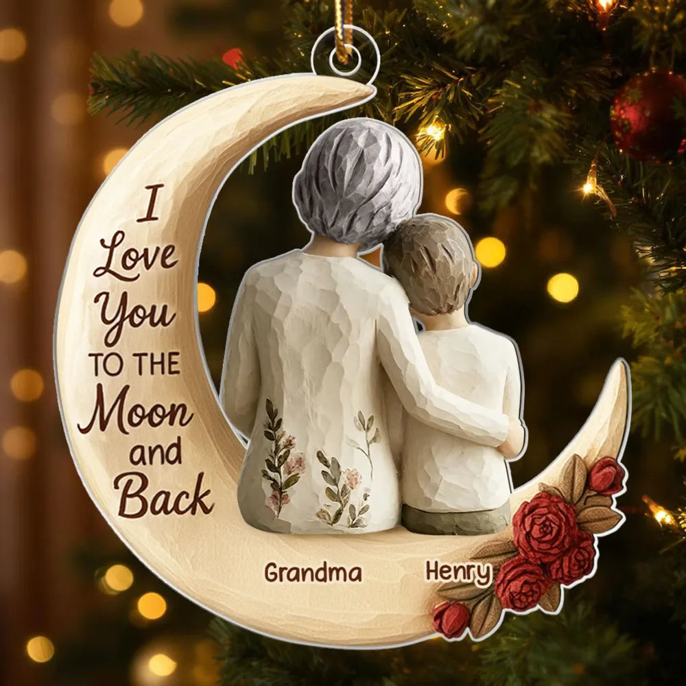 Acrylic Ornament with Grandma and Grandkid Moon Hug Heartwarming Holiday Decor Personalized Unique Gift for Grandma
