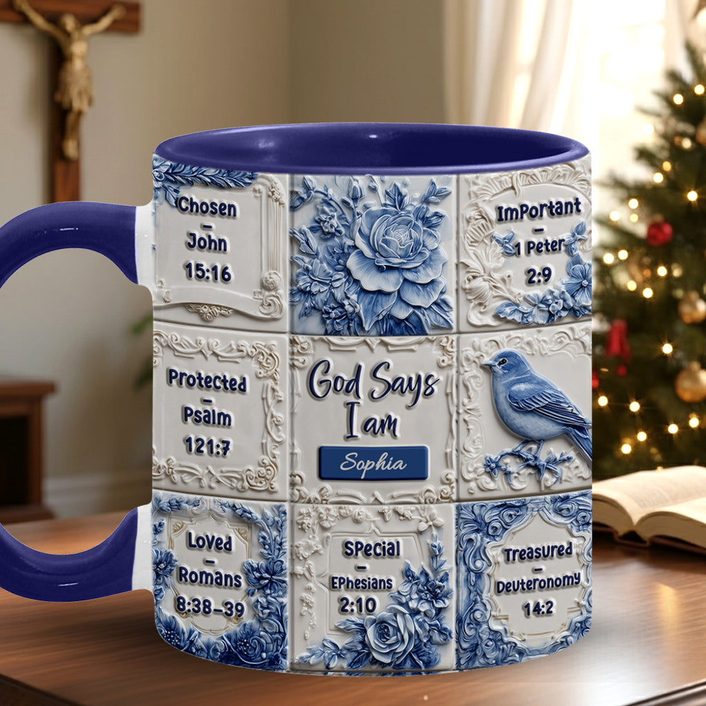 God Says I Am Toile De Jouy Pattern - Personalized Christian Accent Mug