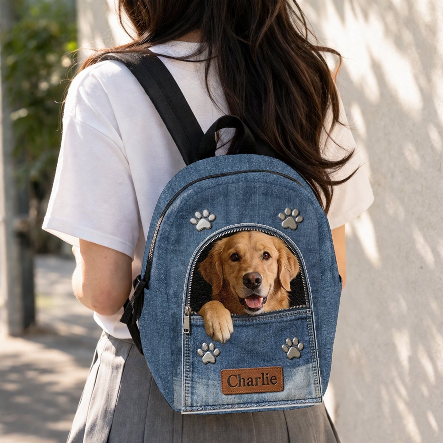 Any Photo Personalized Denim Dog Backpack - Personalized Dog Changeable Leather Patch Backpack