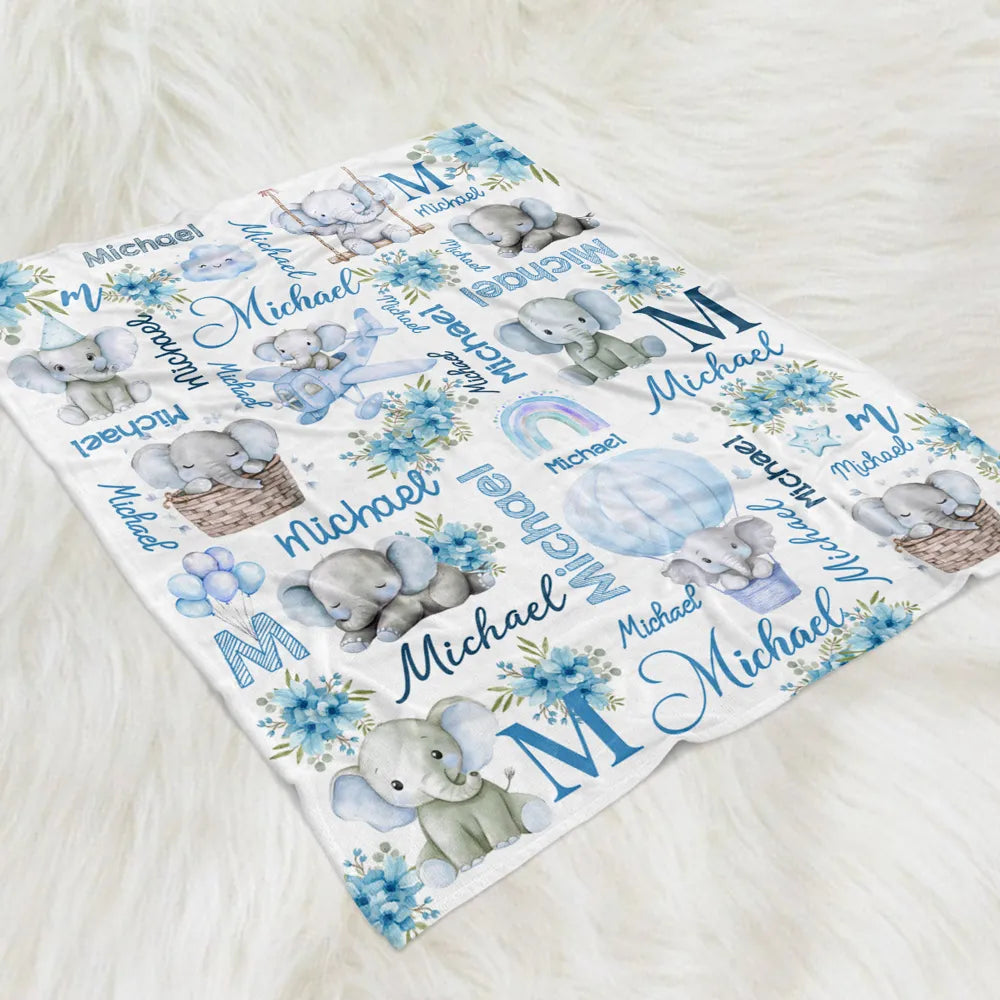 Custom Name Baby Fleece Blanket with Cute Pink Elephant Illustrations, Lightweight Cozy Throw, Adorable Personalized Gift