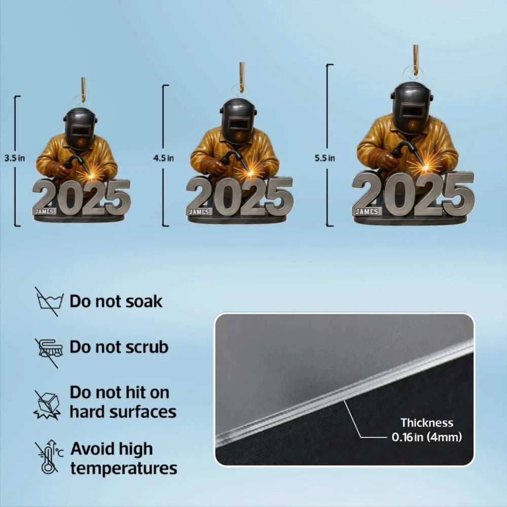 Welder Ornament with Helmet & Torch, Holiday Tree Decor with Bright Sparks, a unique gift for Metalworkers & Mechanics
