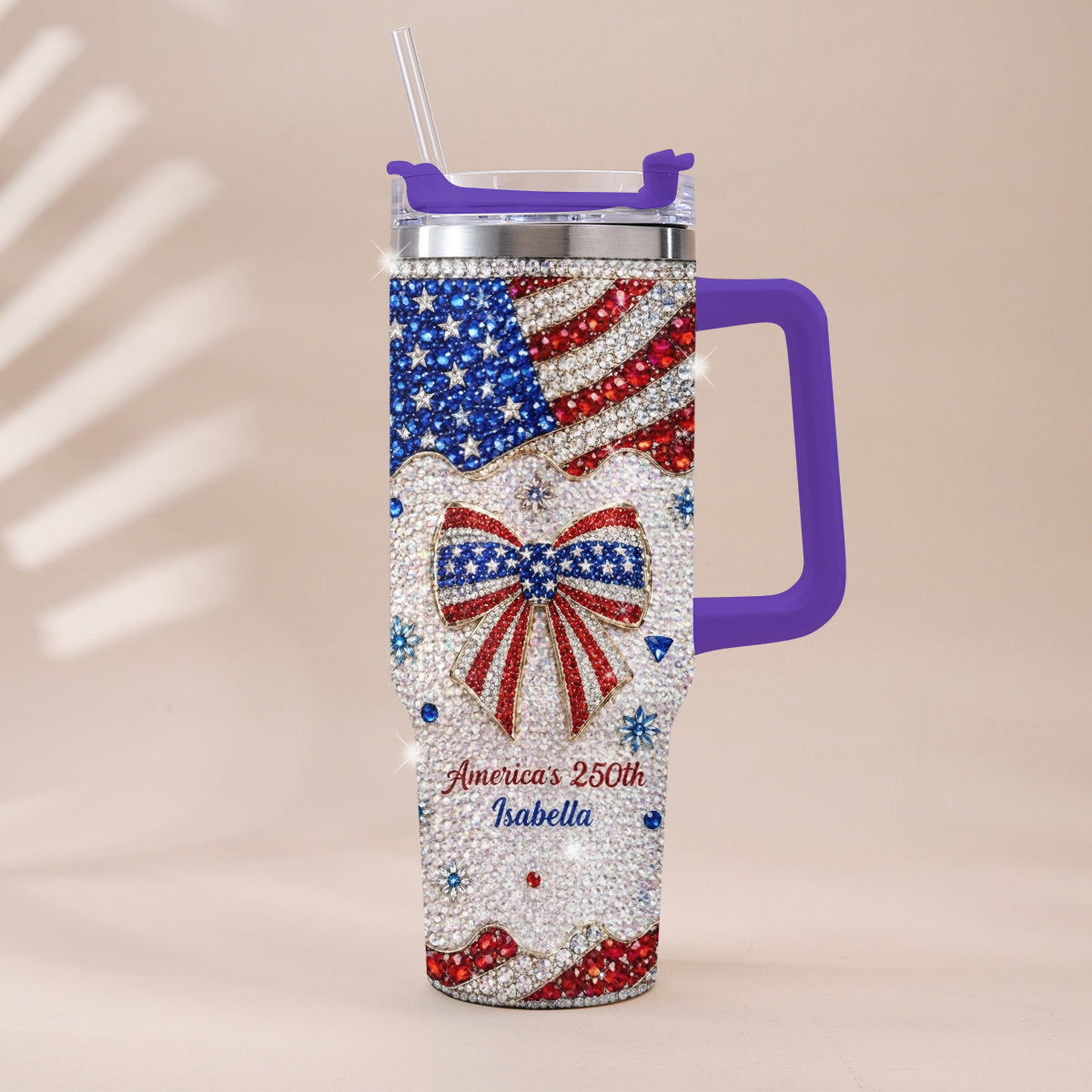 America's 250th Bow - Personalized Independence Day/ 4th of July Rhinestone Tumbler With Plush Charm