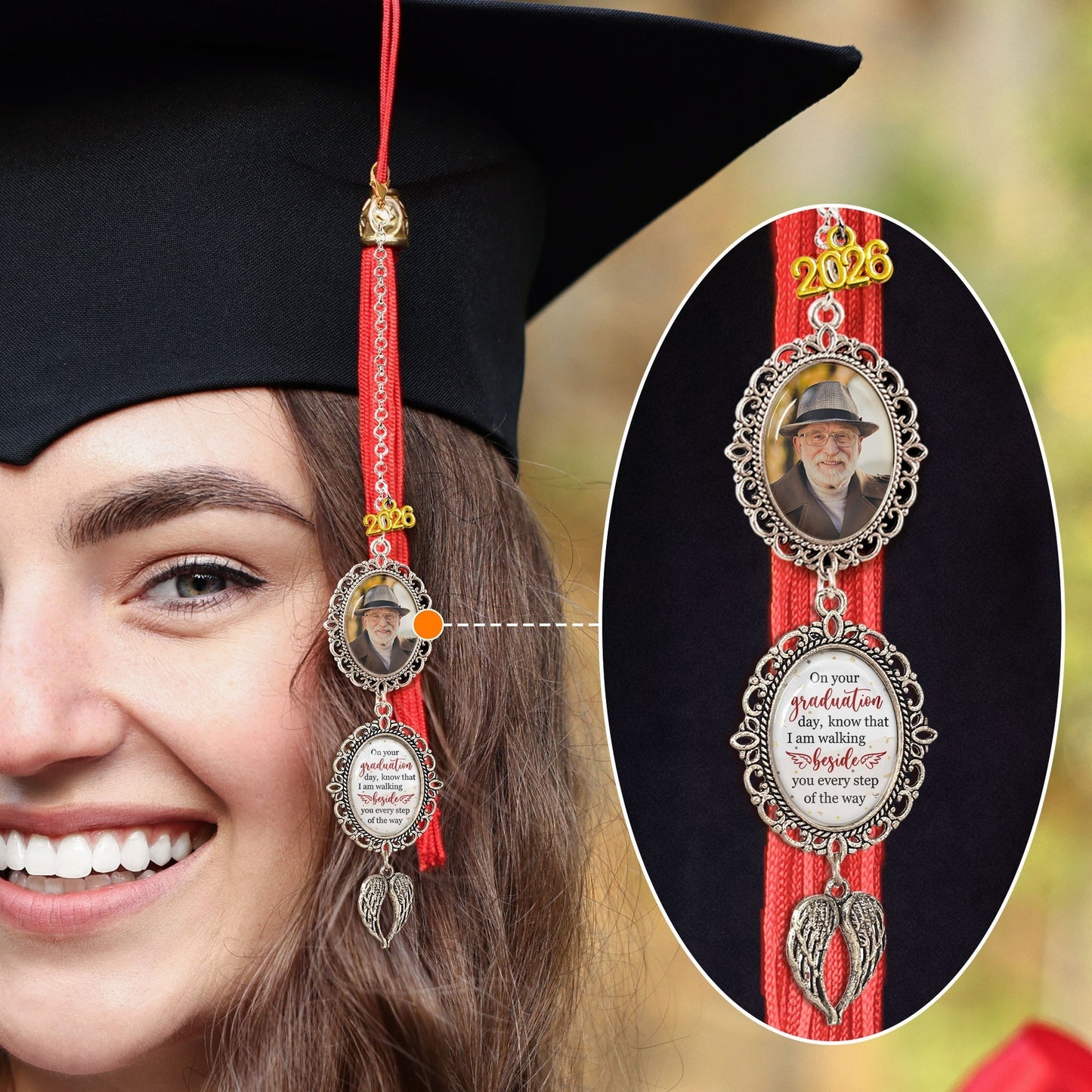 Personalized Stainless Steel Tassel Charm With Photo Graduation Keepsake, Walking Beside You Every Step, Unique Gift