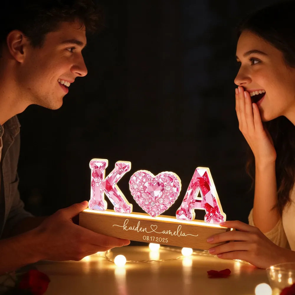 Personalized Shaped Acrylic Block LED Plaque With Initials & Heart, Romantic Nightstand Decor, Unique Gift for Couples