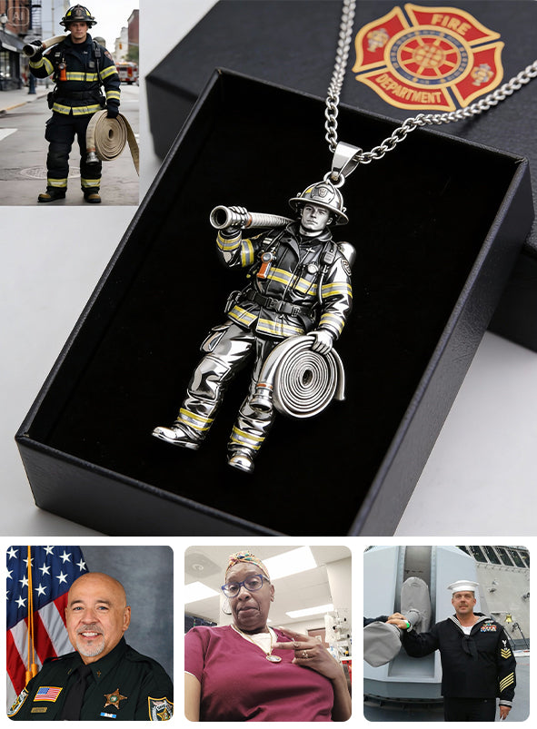Firefighter, Police...Any Job - Any Photo - Personalized Firefighter Shaped Metal Pendant Necklace