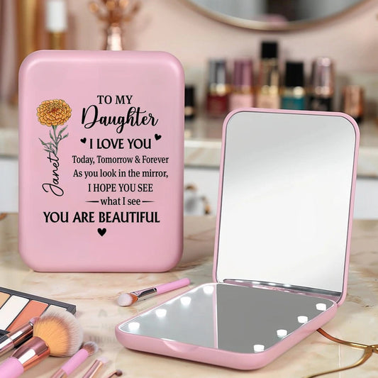 Personalized LED Pocket Mirror 'To My Daughter' Love Message - Unique Gift for Her, Daily Confidence Boost