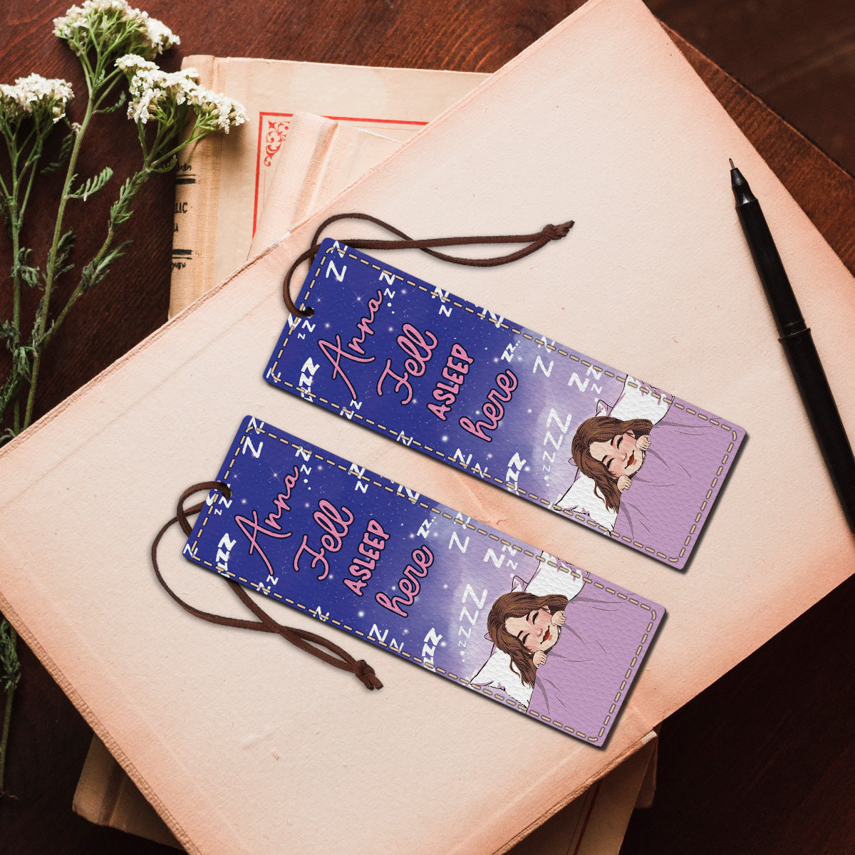 Fell Asleep Here - Personalized Book Leather Bookmark