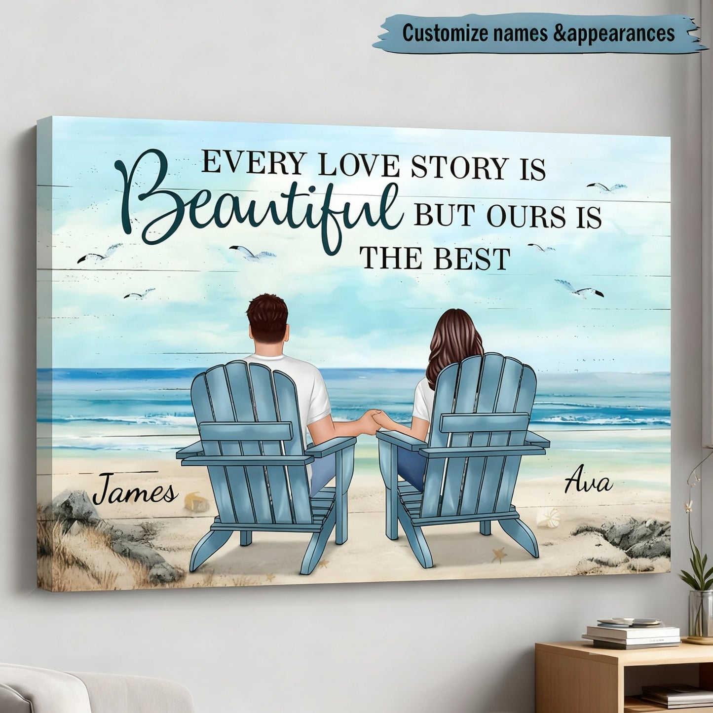Romantic Beach Canvas for Couples, custom art with 'You & Me' vibe, perfect anniversary decor and a creative gift