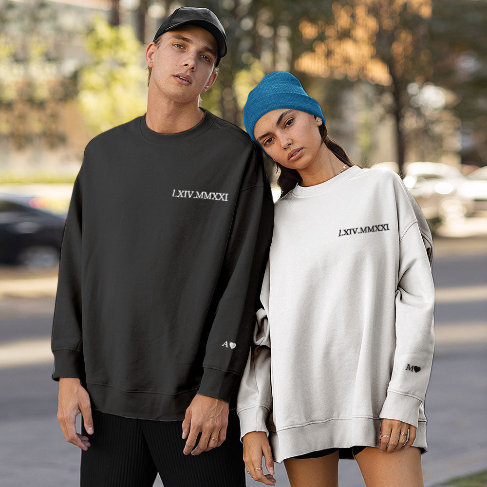 Custom Engraved Embroidery Round Neck Roman Numeral Date - Personalized Couple Sweatshirt