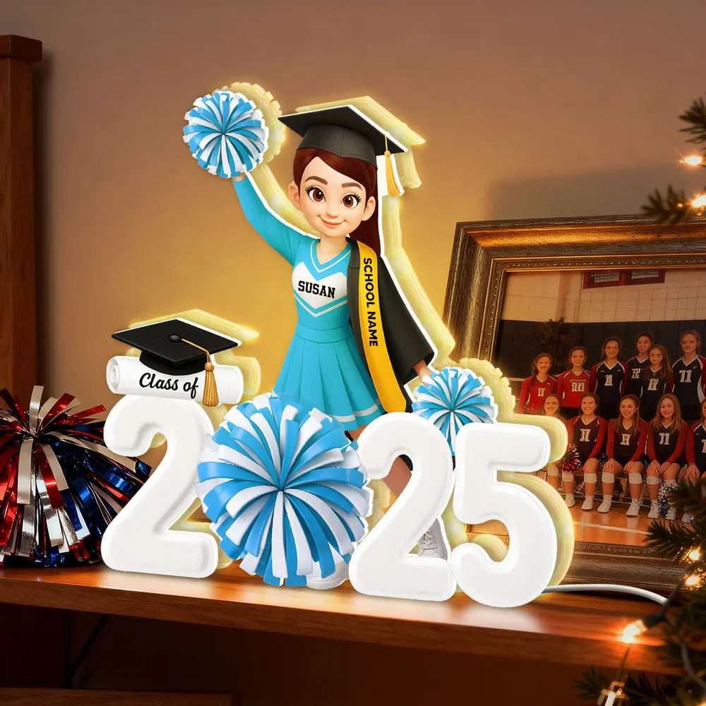 Personalized Acrylic Light Box Graduation Décor with Cheerleader Design & Warm Glow – Unique Gift for Class of Grad