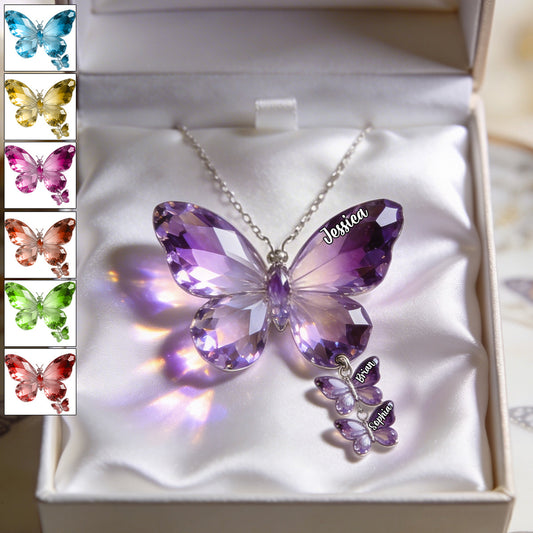 Butterfly Mom - Personalized Mother Shaped Metal Pendant Necklace