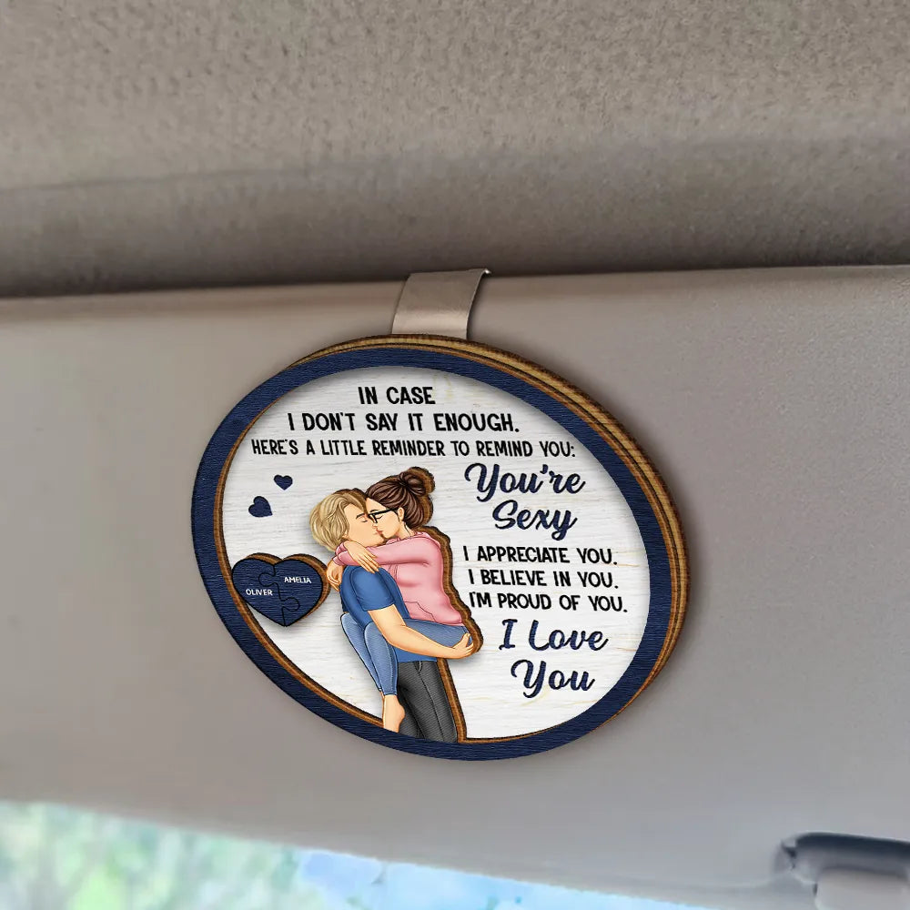 Wooden Car Visor Clip with Romantic Hug Illustration, Heartfelt Words of Love, Perfect Gift for Couples