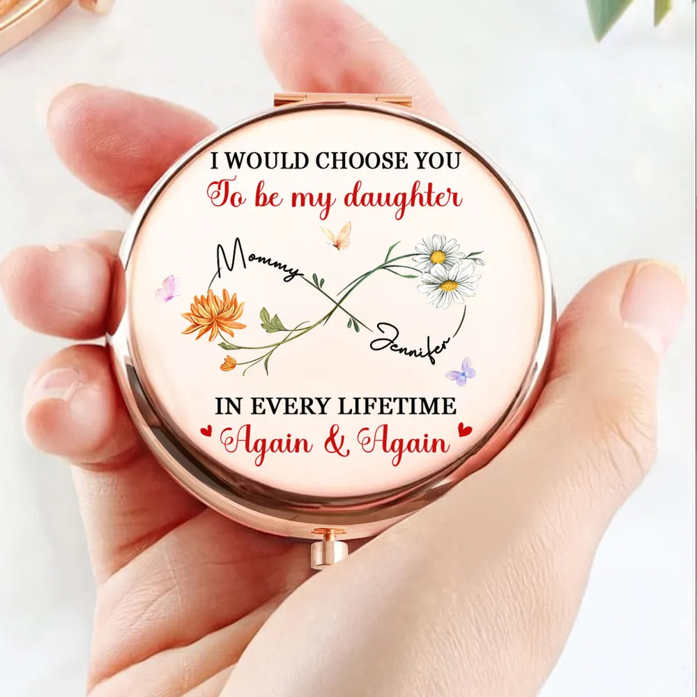Personalized Metal Compact Mirror with Mother Daughter Quote and Floral Butterflies - Unique Gift for Daughter