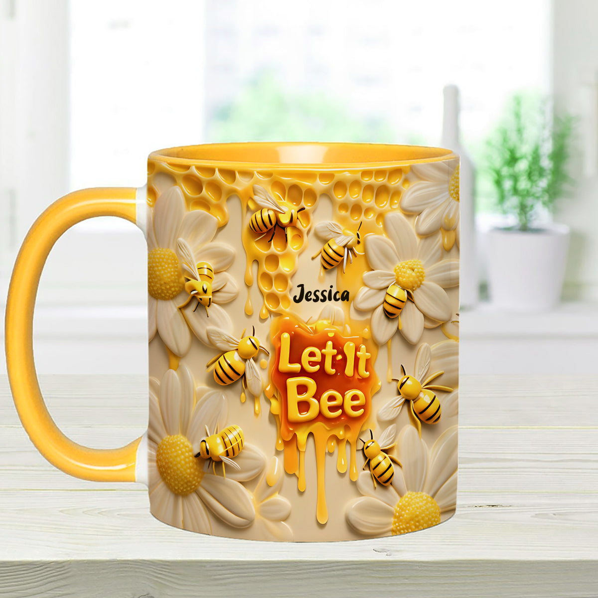 Let It Bee, Bee Flowers - Personalized Bee Set Accent Mug with Acrylic Stirrers