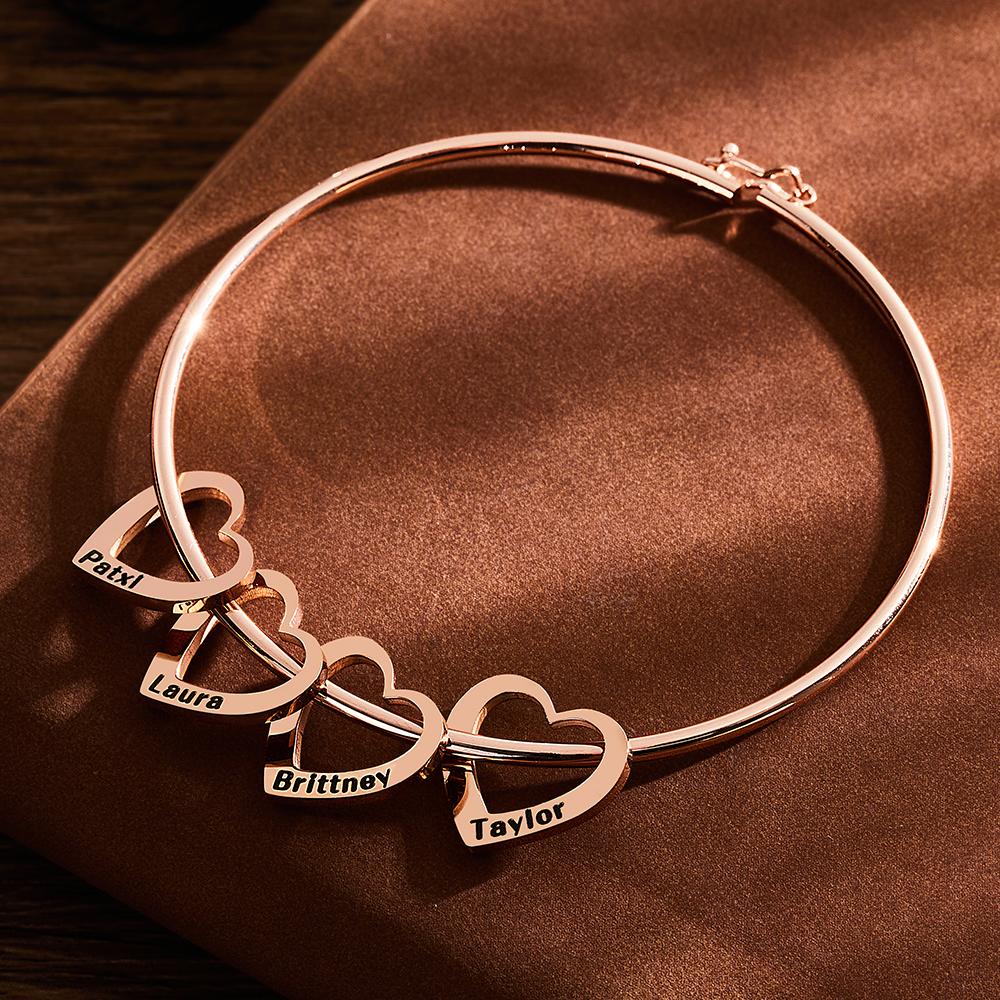 Any Name - Personalized Family Bangle Bracelet with Heart/Round Pendants
