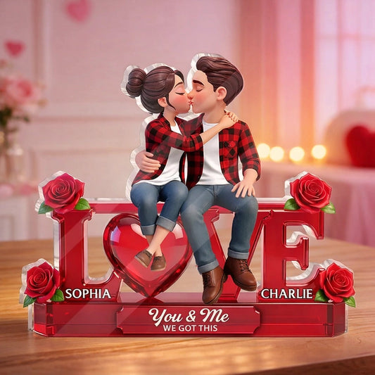 Personalized Shaped Acrylic Block Plaque with Kissing Couple on LOVE and Roses - Unique Romantic Gift for Him or Her