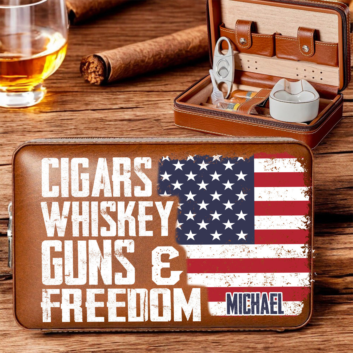 Cigars, Whiskey, G*ns & Freedom - Personalized Whisky Travel Cigar Humidor Case
