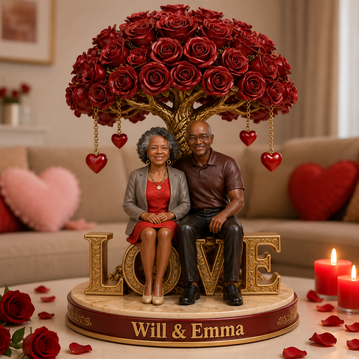 Custom Senior Black Couple Figurine Statue, Engraved Anniversary Gift, Personalized Red Rose Tree Sculpture Romantic Home Decor