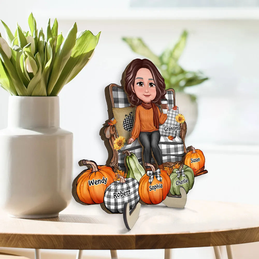 "Personalized Grandma's Autumn Pumpkin Ornament, Poster, Keychain, Plaque, Pillow & Blanket and Cup - A Heartwarming Gift for Loved Ones"
