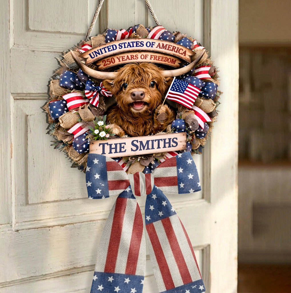Highland Cow Celebrate 250th Anniversary - Personalized Highland Cow Shaped Wood Sign With Sash