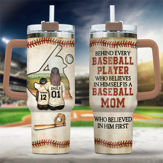 Behind Every Baseball Players Is A Mom - Personalized Baseball Tumbler With Handle