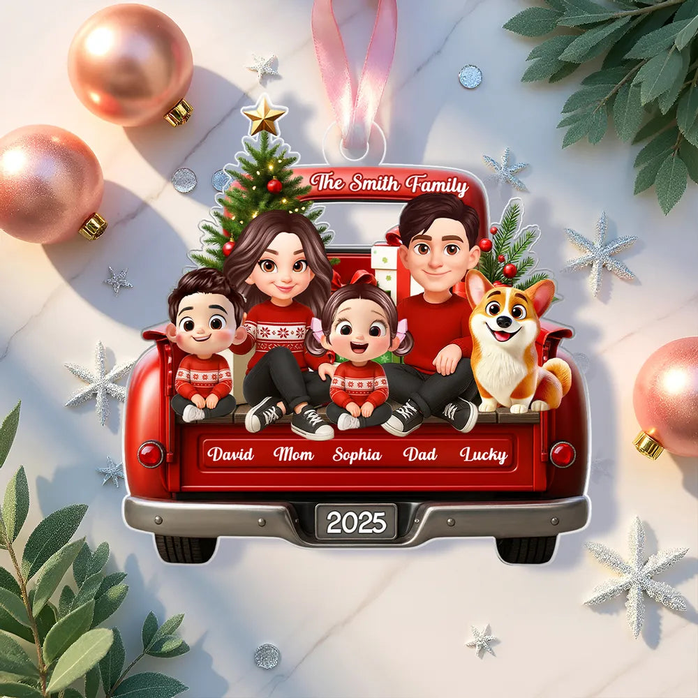 Acrylic Ornament — red truck Christmas family with tree & pup, cheerful décor for mantel or tree, sentimental keepsake, perfect gift