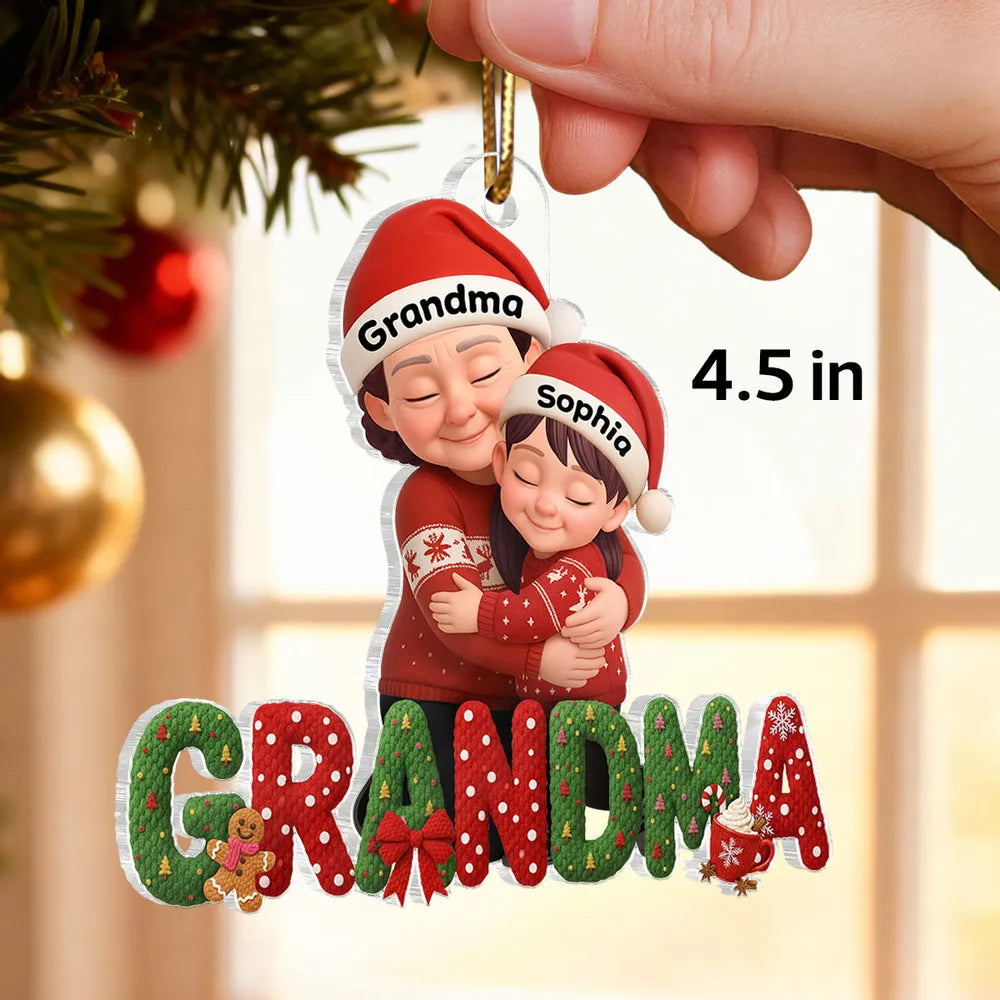 Personalized Acrylic Ornament for Grandma and Grandkids, Cozy Hugging Scene, Cute Christmas Tree Decor, Unique Holiday Gift