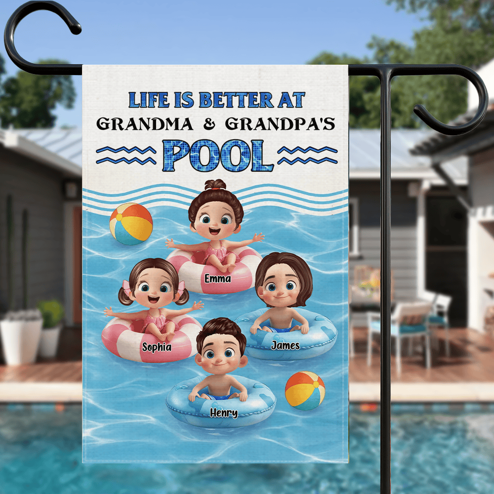 Life Is Better At Grandma & Grandpa’s Pool – Personalized Garden Flag with Kids in Floaties – Summer Gift for Grandparents
