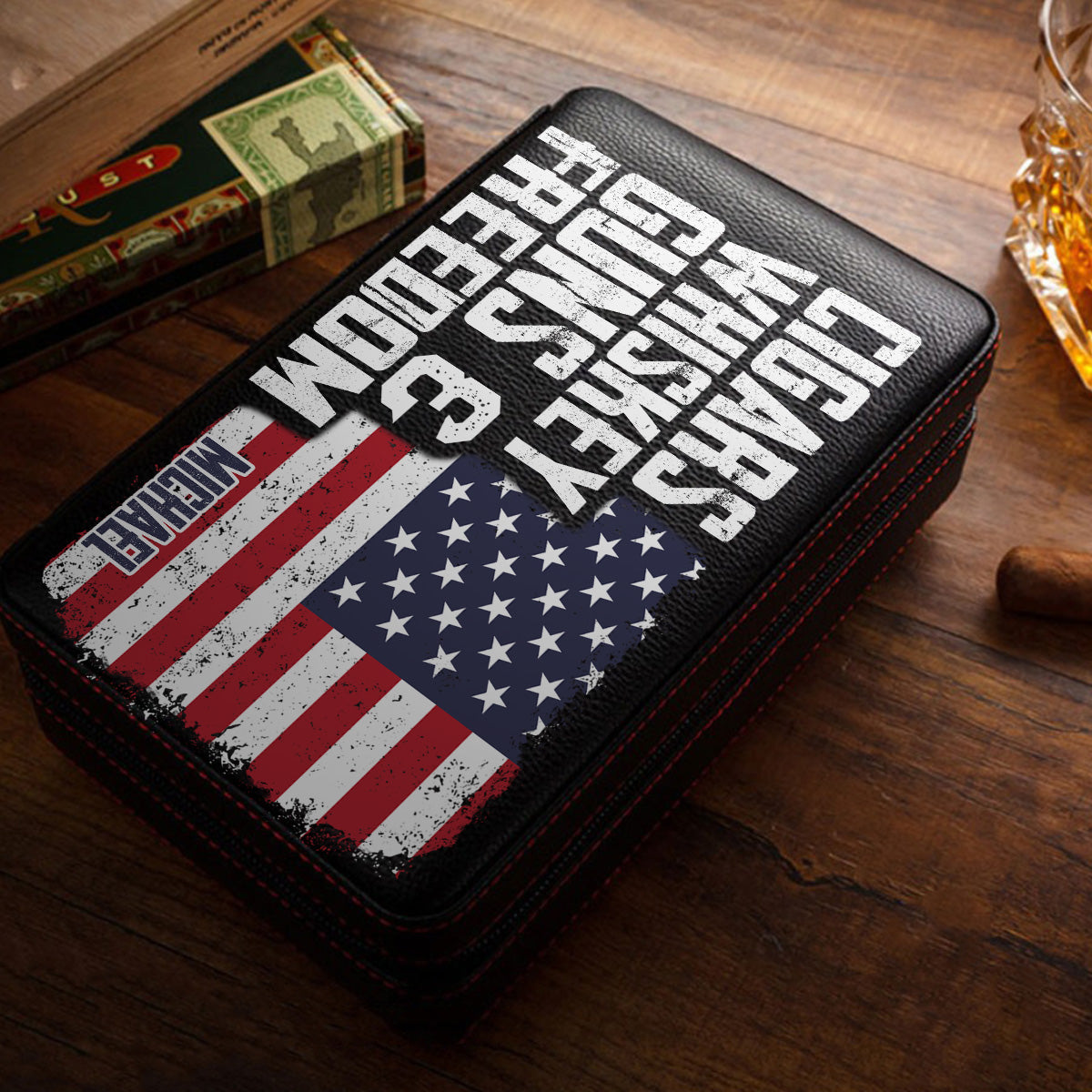 Cigars, Whiskey, G*ns & Freedom - Personalized Whisky Travel Cigar Humidor Case