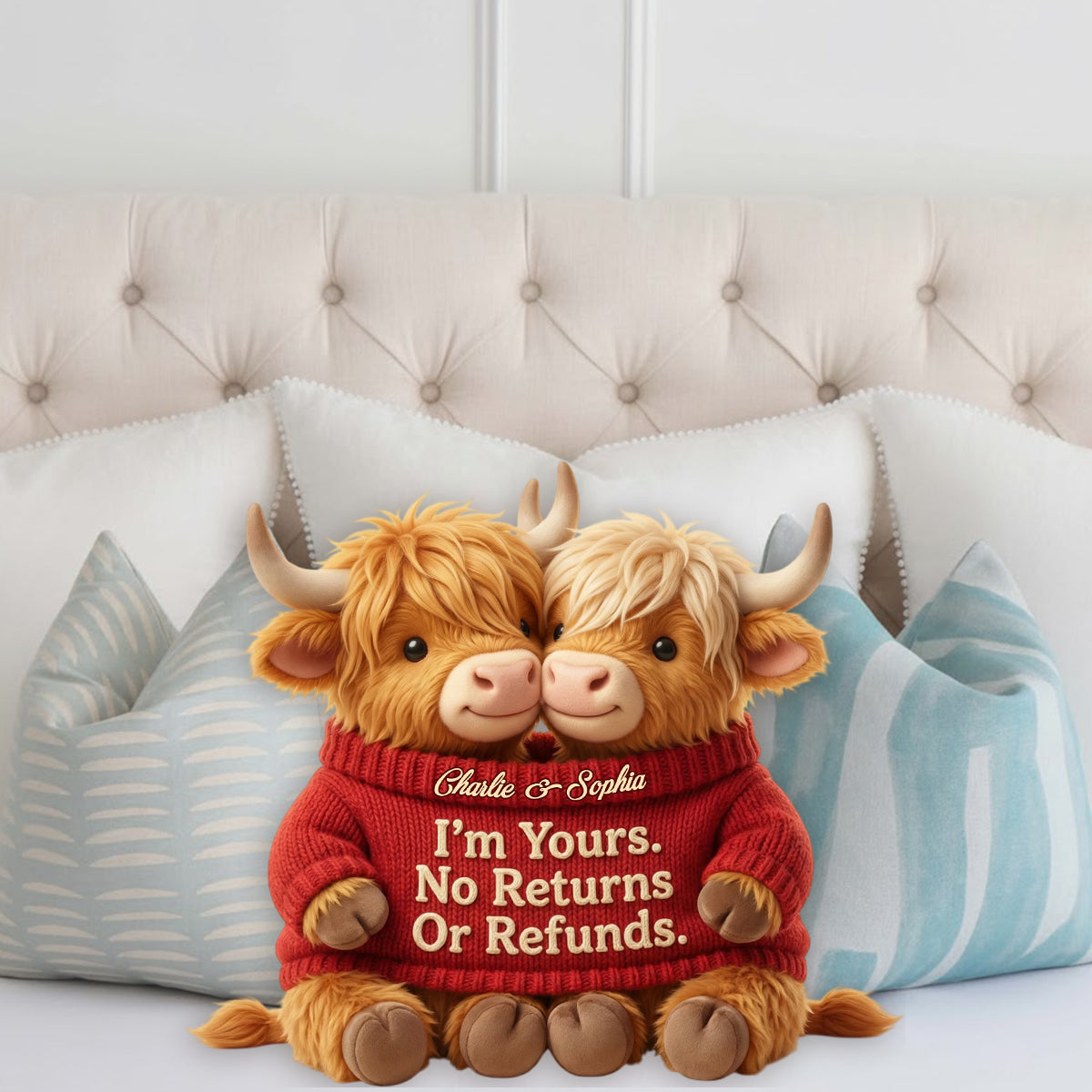 I'm Yours. No Returns Or Refunds - Personalized Highland Cow Faux Fur Shaped Pillow