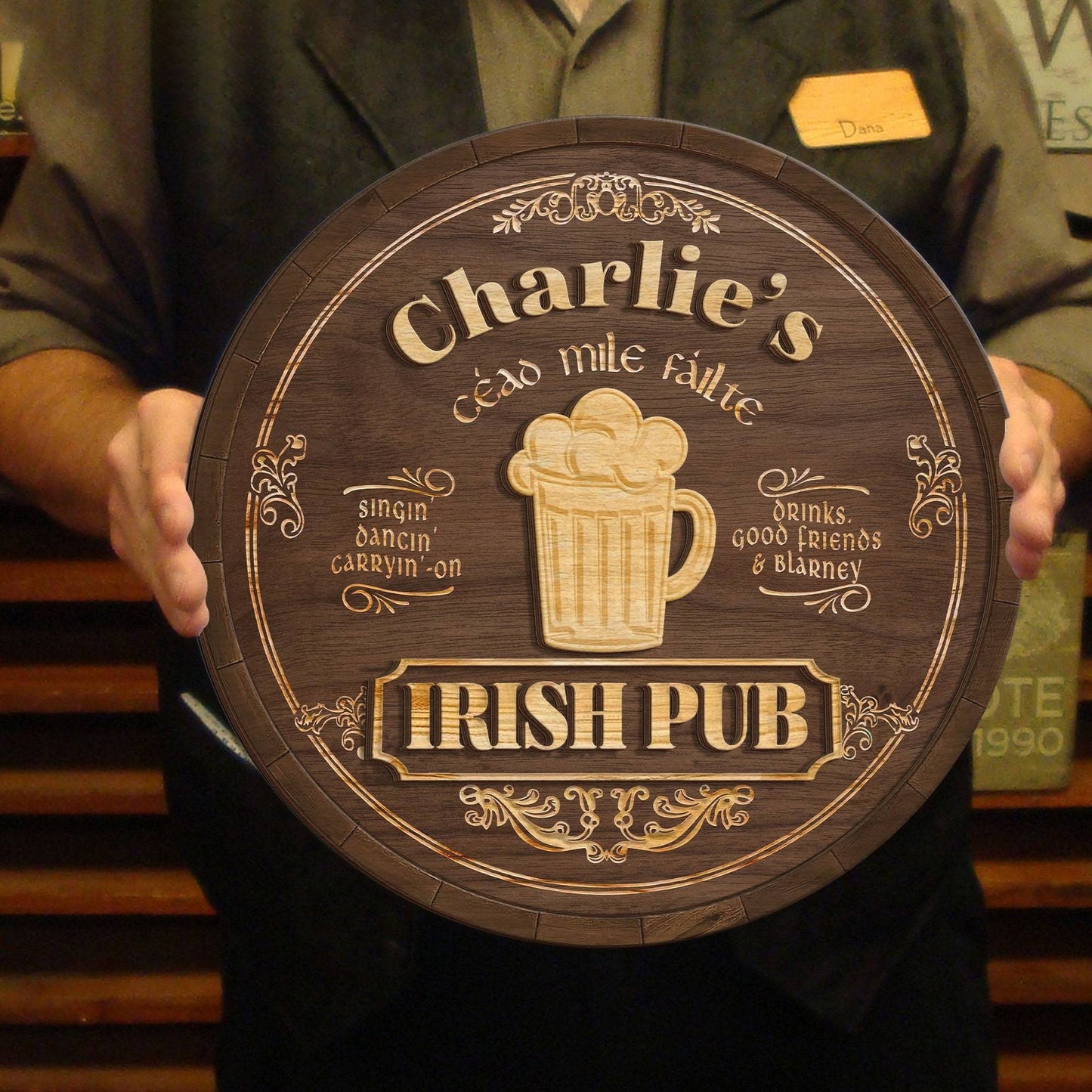 Personalized Irish Pub Clover Wooden Sign Round Green Bar Decor With Celtic Style Lettering Unique St. Patrick's Day Gift