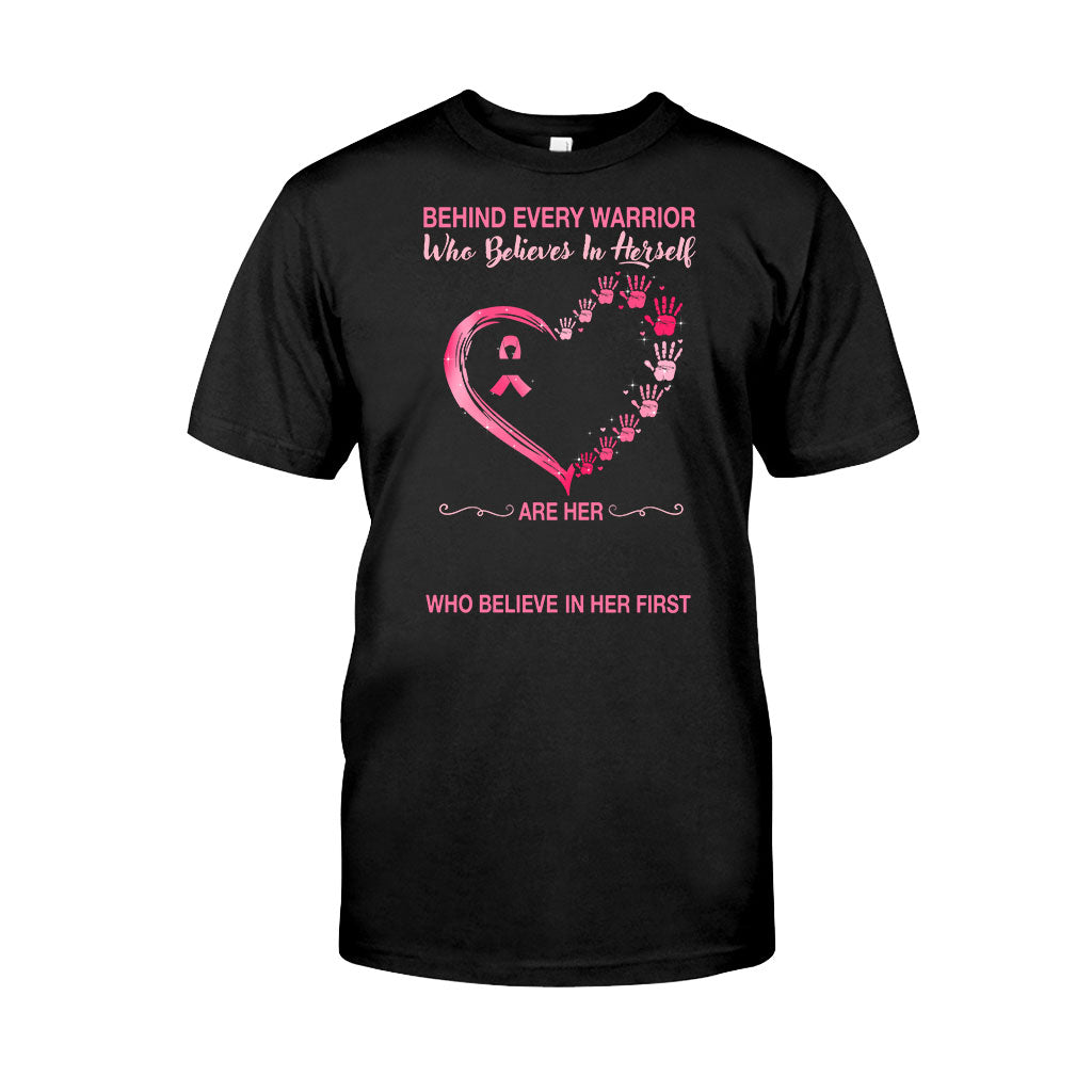Behind Every Warrior Pink Heart Hand Prints - Breast Cancer Awareness Personalized T-shirt And Hoodie