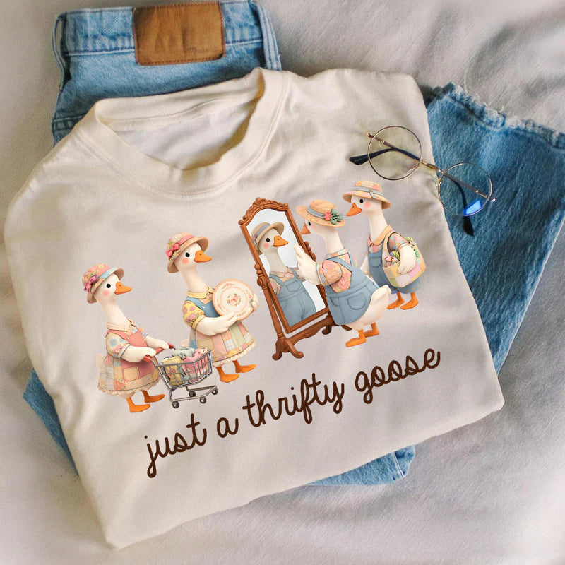 Personalized Just A Thrifty Goose Classic Tee, Cute Cartoon Goose Outfit Gift for Grandma or Mom