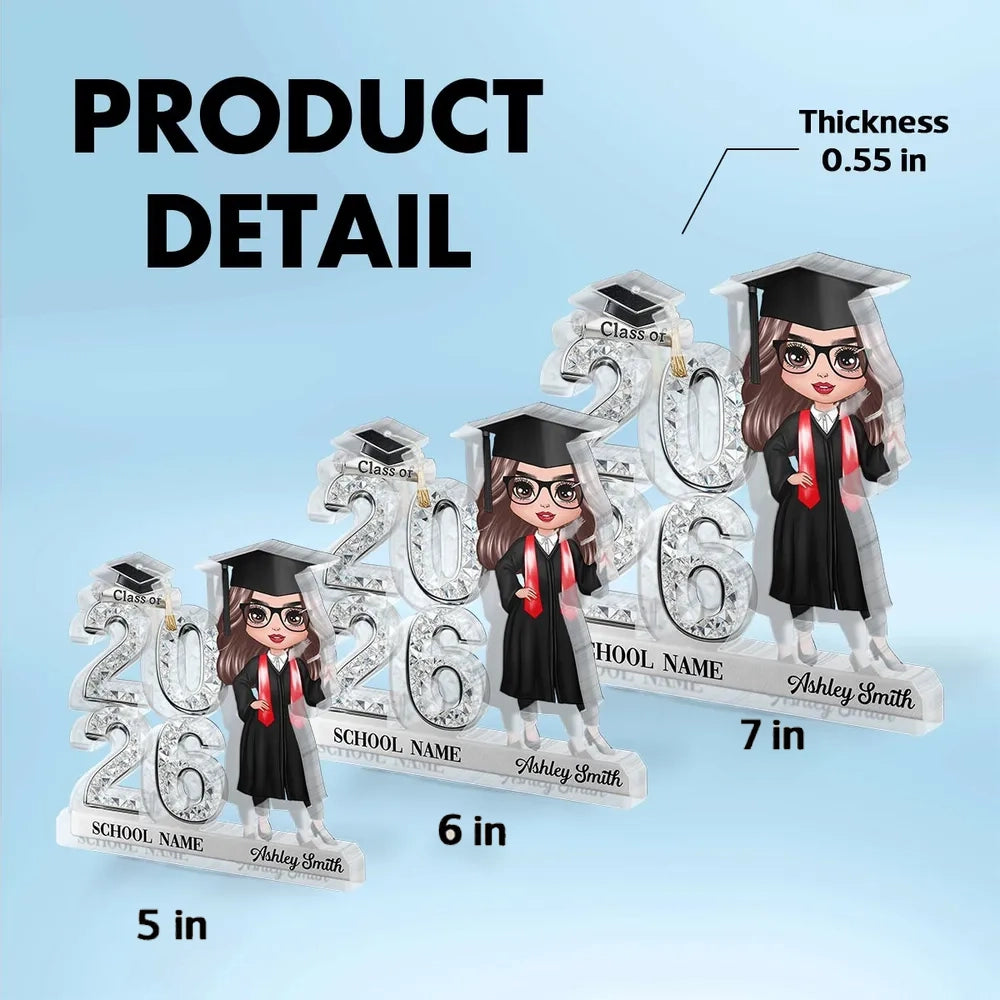 Shaped Acrylic Block Plaque Personalized for Graduation, Glam Class Year Display with Grad Girl Holding Diploma, Thoughtful Gift
