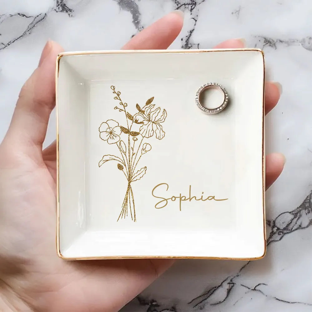 Elegant Jewelry Dish Personalized with Name, Minimal Gold Bouquet Vanity Catchall, Thoughtful Sentimental Gift