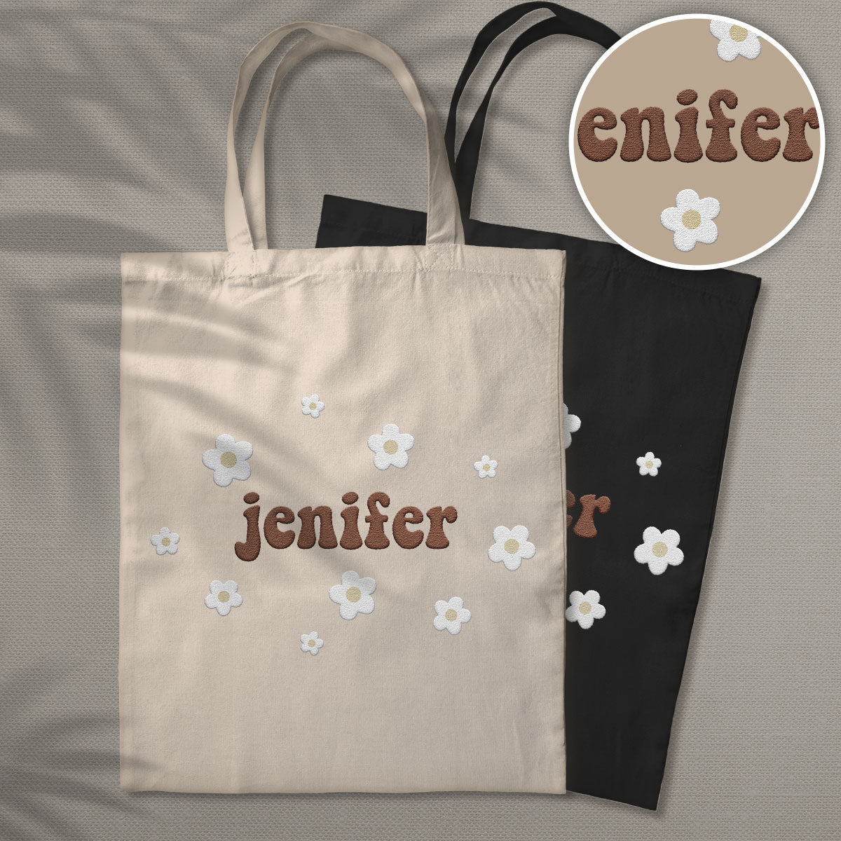 Custom Name With Flower - Personalized Sibling Embroidered Tote Bag