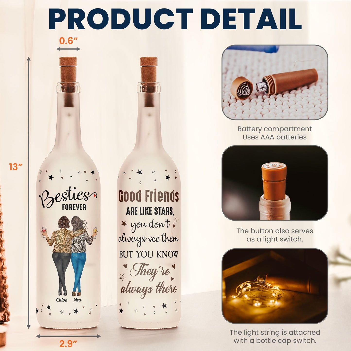 Friendship Bottle Lamp with Clear Print and Twinkling Light Design, Warm Decorative Accent, Gift-Ready for Best Friends and Loved Ones