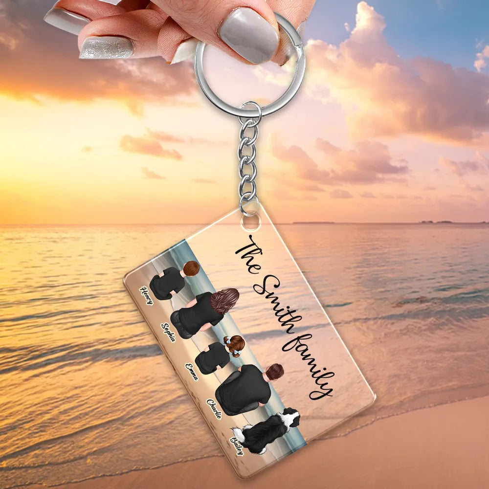 Beach Landscape Family Sitting Back View - Personalized Keychain or Poster or Plaque or Car Hanger or Pillow or Wallet card- Ideal Gift for Loved Ones